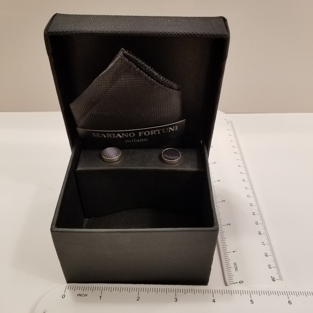 ✅Mariano Fortuni Milano Silk Pocket Square, Cuff Links, Tie, Box